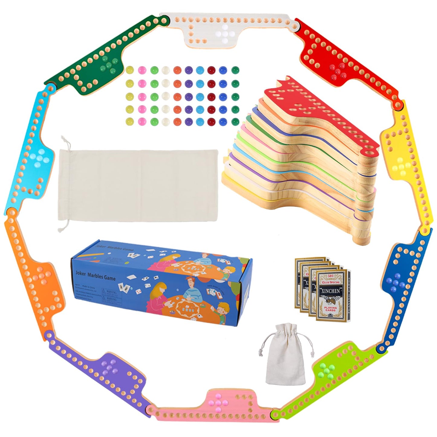 Medikaison Colorful Jokers & Marbles Board Game Set | 10 Solid Wood Boards, 50 Marbles, 4 Card Decks (2–10 Players)