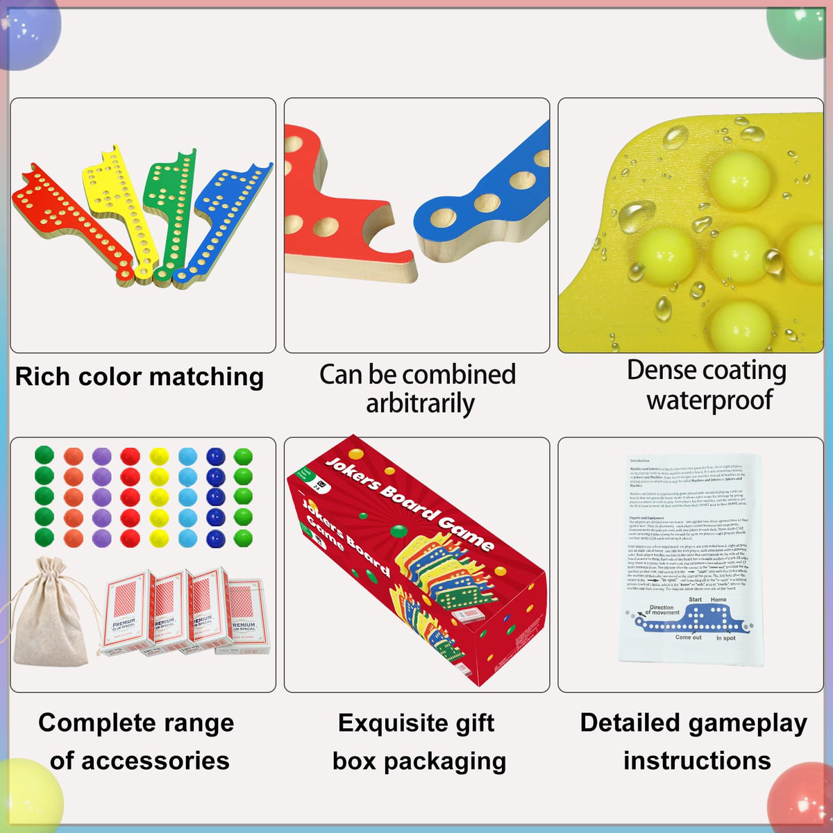 Medikaison Colorful Jokers & Marbles Board Game – 2-8 Players, 8 Wooden Boards, 40 Marbles, 4 Card Decks