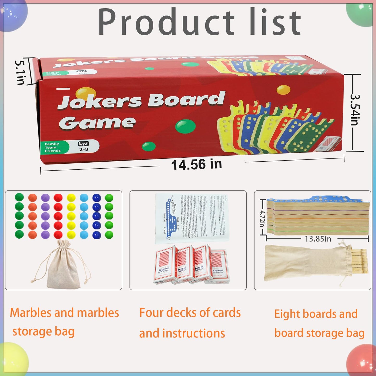 Medikaison Colorful Jokers & Marbles Board Game – 2-8 Players, 8 Wooden Boards, 40 Marbles, 4 Card Decks