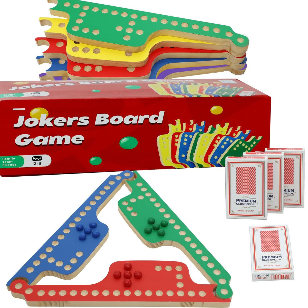 Medikaison Colorful Jokers & Marbles Board Game – 2-8 Players, 8 Wooden Boards, 40 Marbles, 4 Card Decks