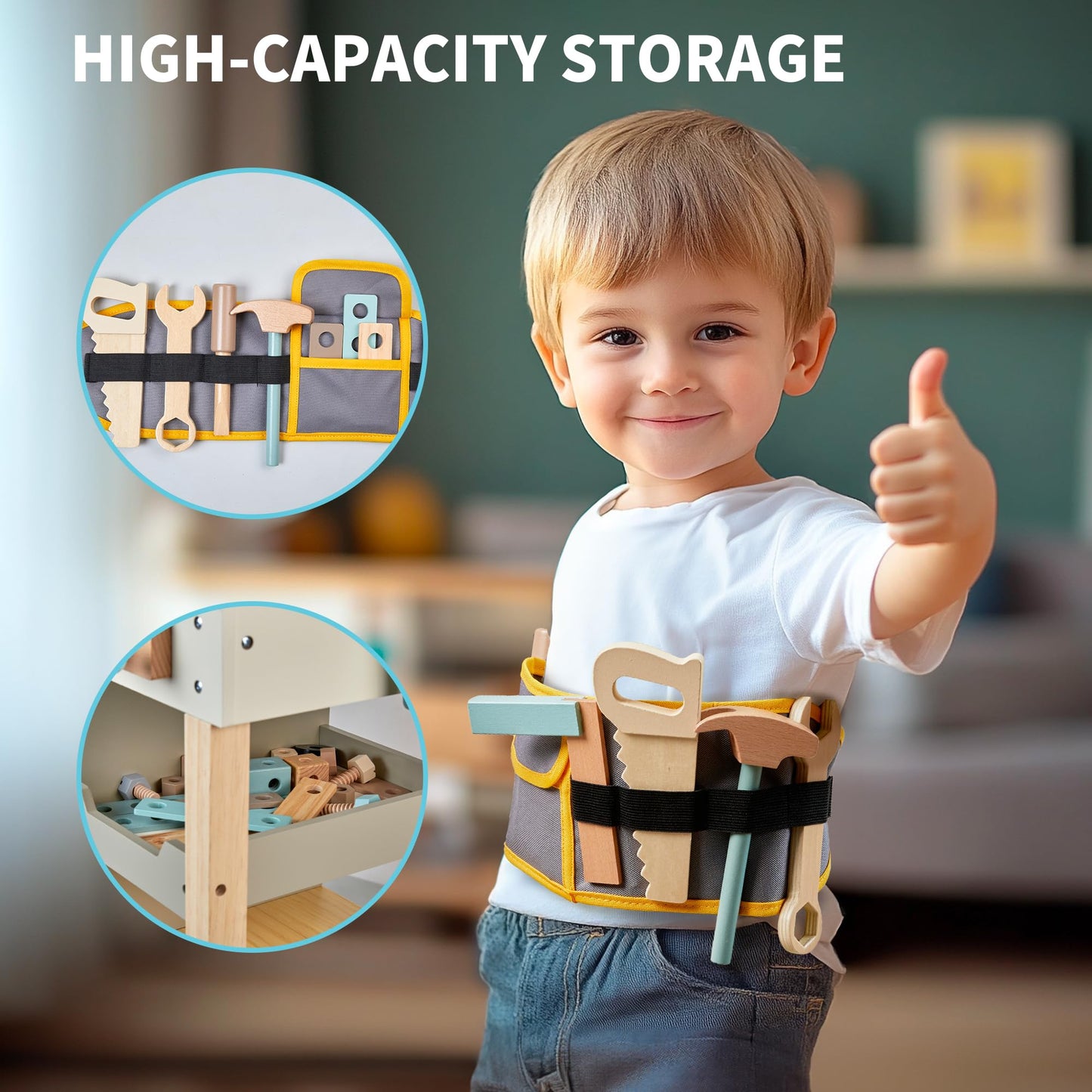 Medoga Kids Tool Bench – Wooden Playset with Belt & Realistic Toy Tools for Ages 3-5