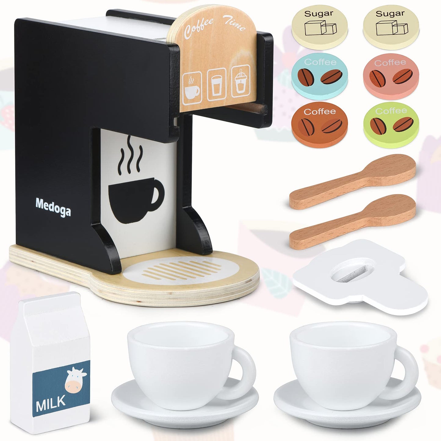 Medoga Play Kitchen Coffee Maker Toy – Realistic Wooden Espresso Machine for Kids