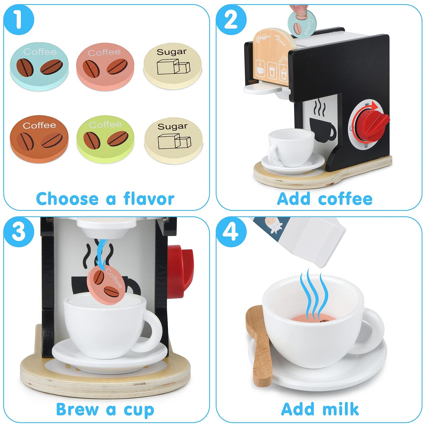 Medoga Play Kitchen Coffee Maker Toy – Realistic Wooden Espresso Machine for Kids