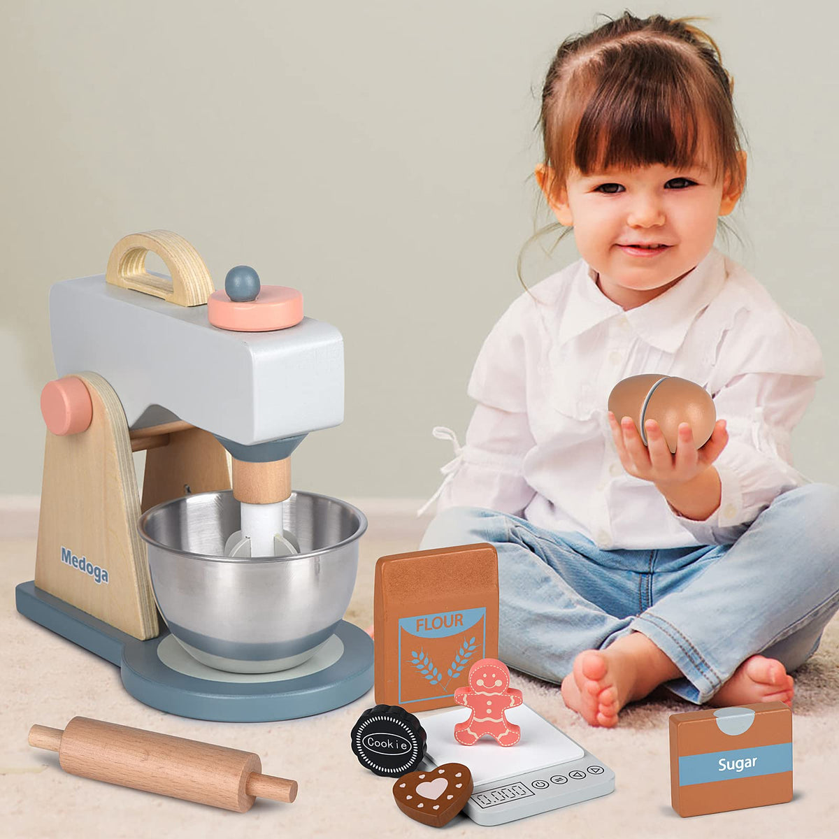 Medoga Wooden Mixer Set for Kids — Pretend Play Kitchen Accessories