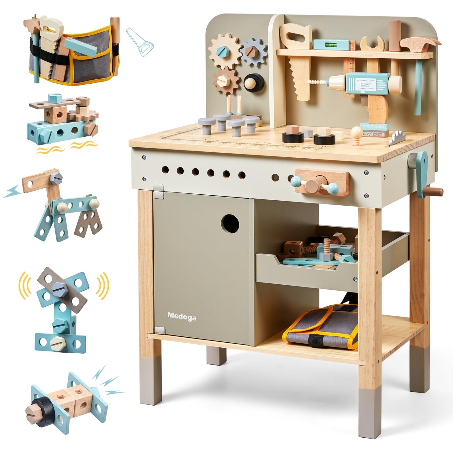 Medoga Kids Tool Bench – Wooden Playset with Belt & Realistic Toy Tools for Ages 3-5