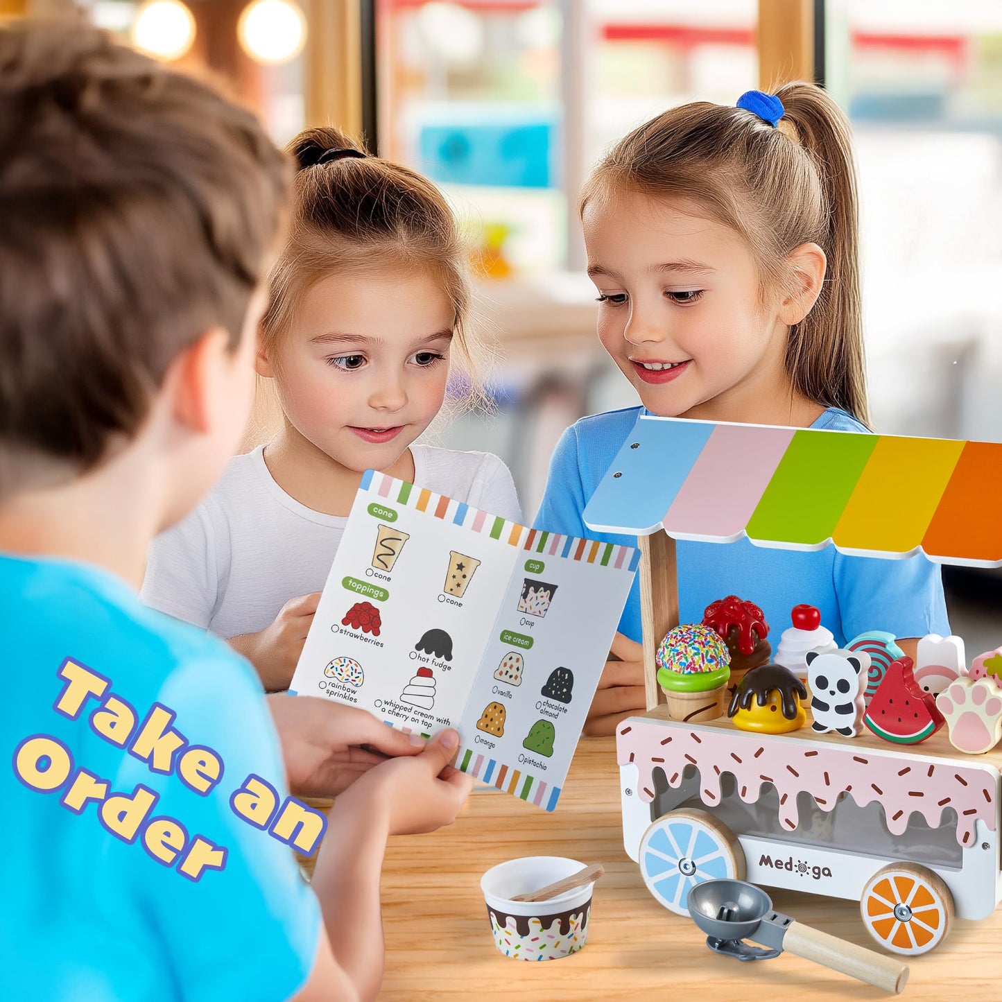 Medoga Wooden Ice Cream Cart Toy Playset – 29-Piece Pretend Shop for 3-8 Year Olds