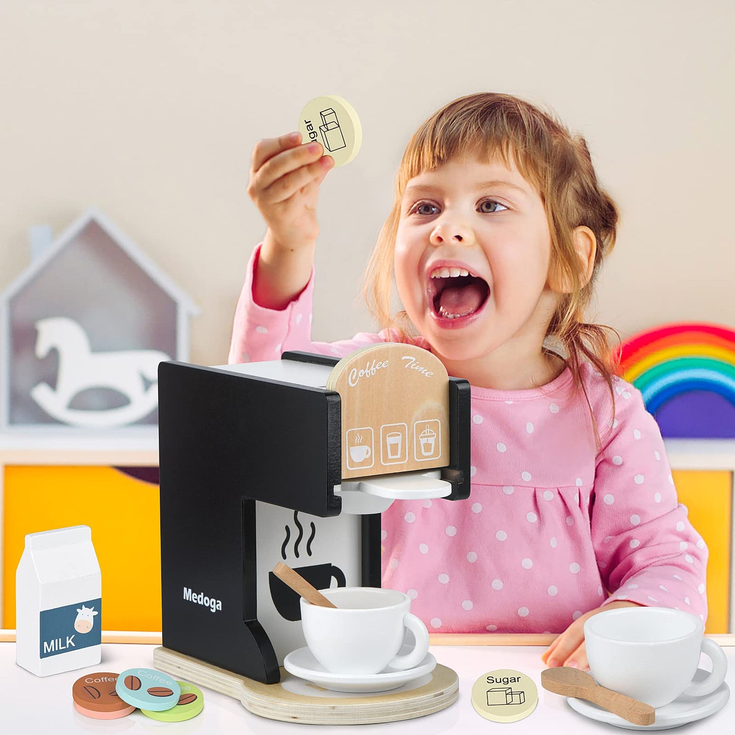 Medoga Play Kitchen Coffee Maker Toy – Realistic Wooden Espresso Machine for Kids