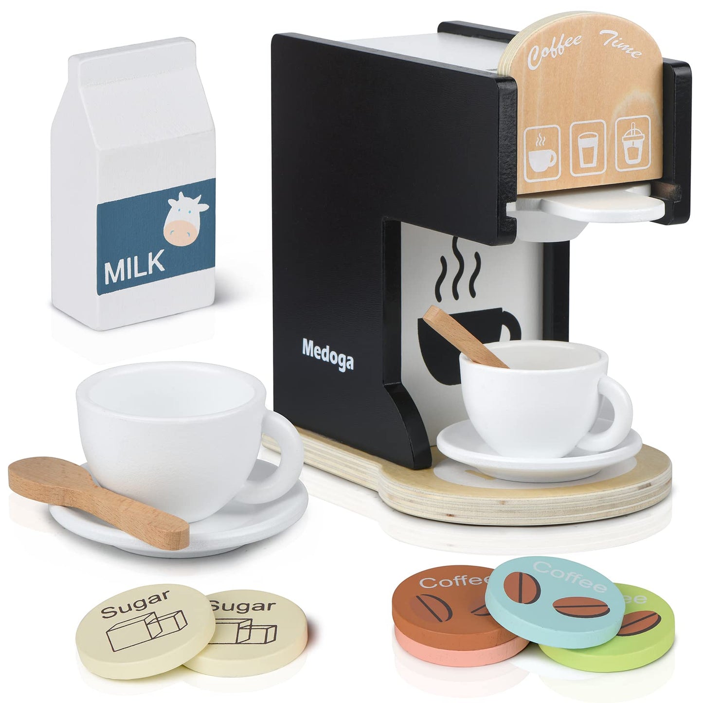 Medoga Play Kitchen Coffee Maker Toy – Realistic Wooden Espresso Machine for Kids