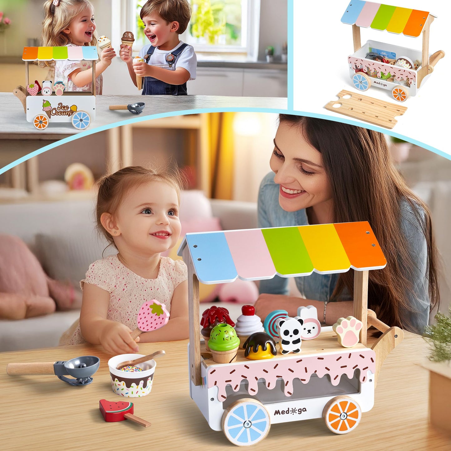 Medoga Wooden Ice Cream Cart Toy Playset – 29-Piece Pretend Shop for 3-8 Year Olds
