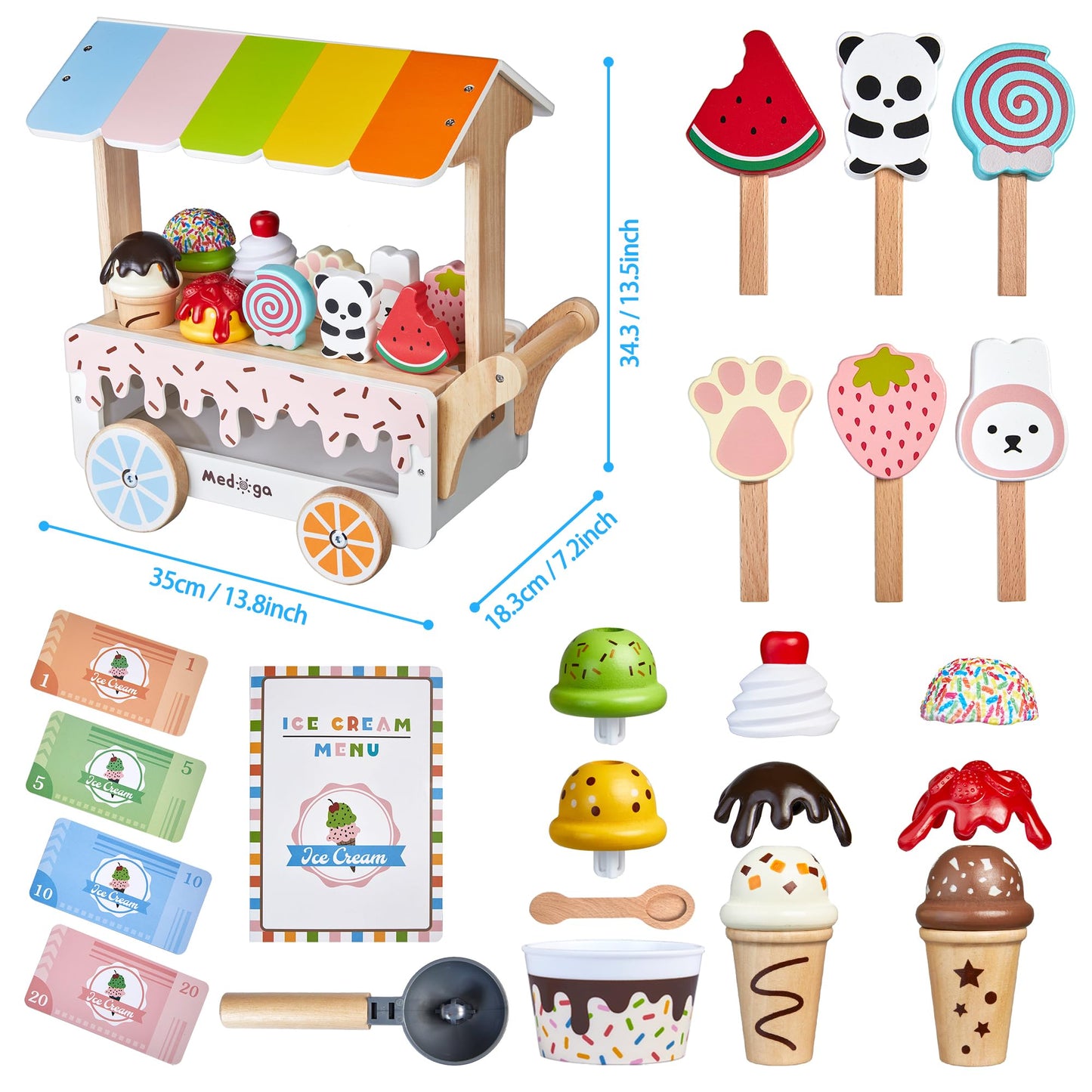 Medoga Wooden Ice Cream Cart Toy Playset – 29-Piece Pretend Shop for 3-8 Year Olds