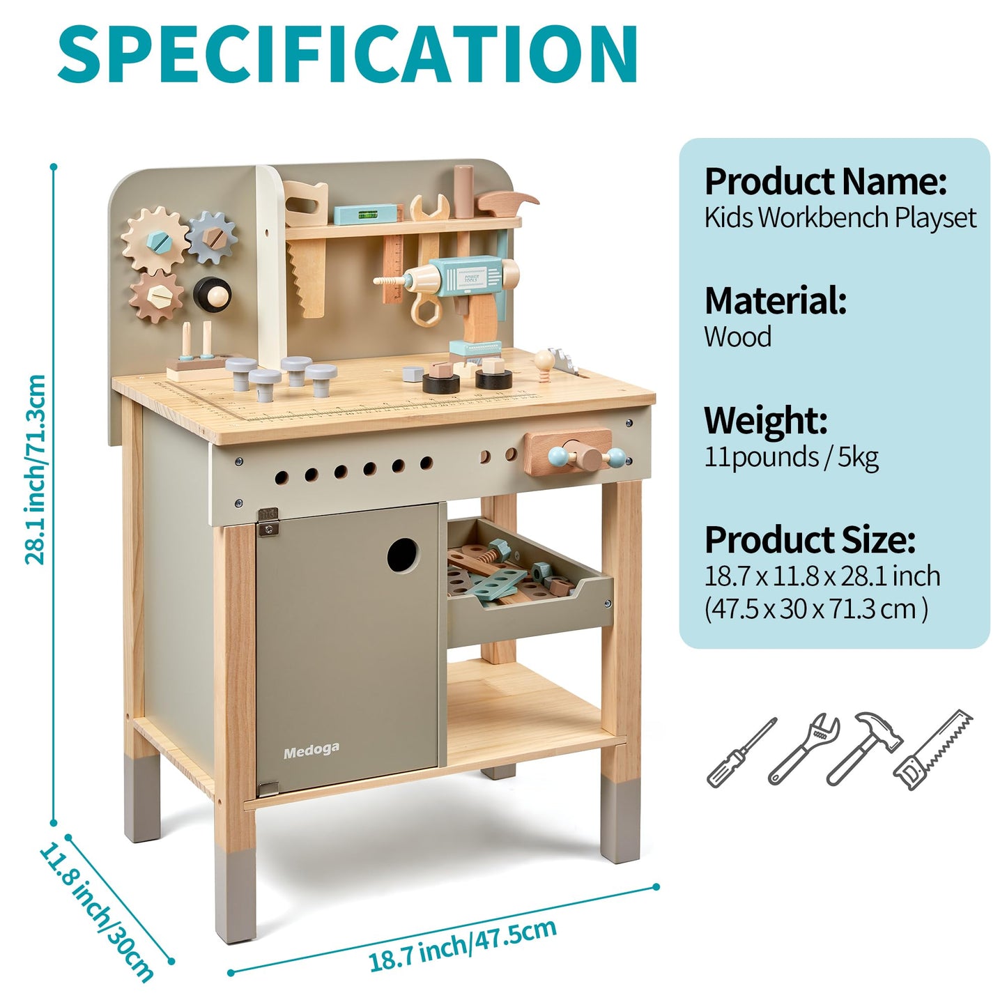 Medoga Kids Tool Bench – Wooden Playset with Belt & Realistic Toy Tools for Ages 3-5