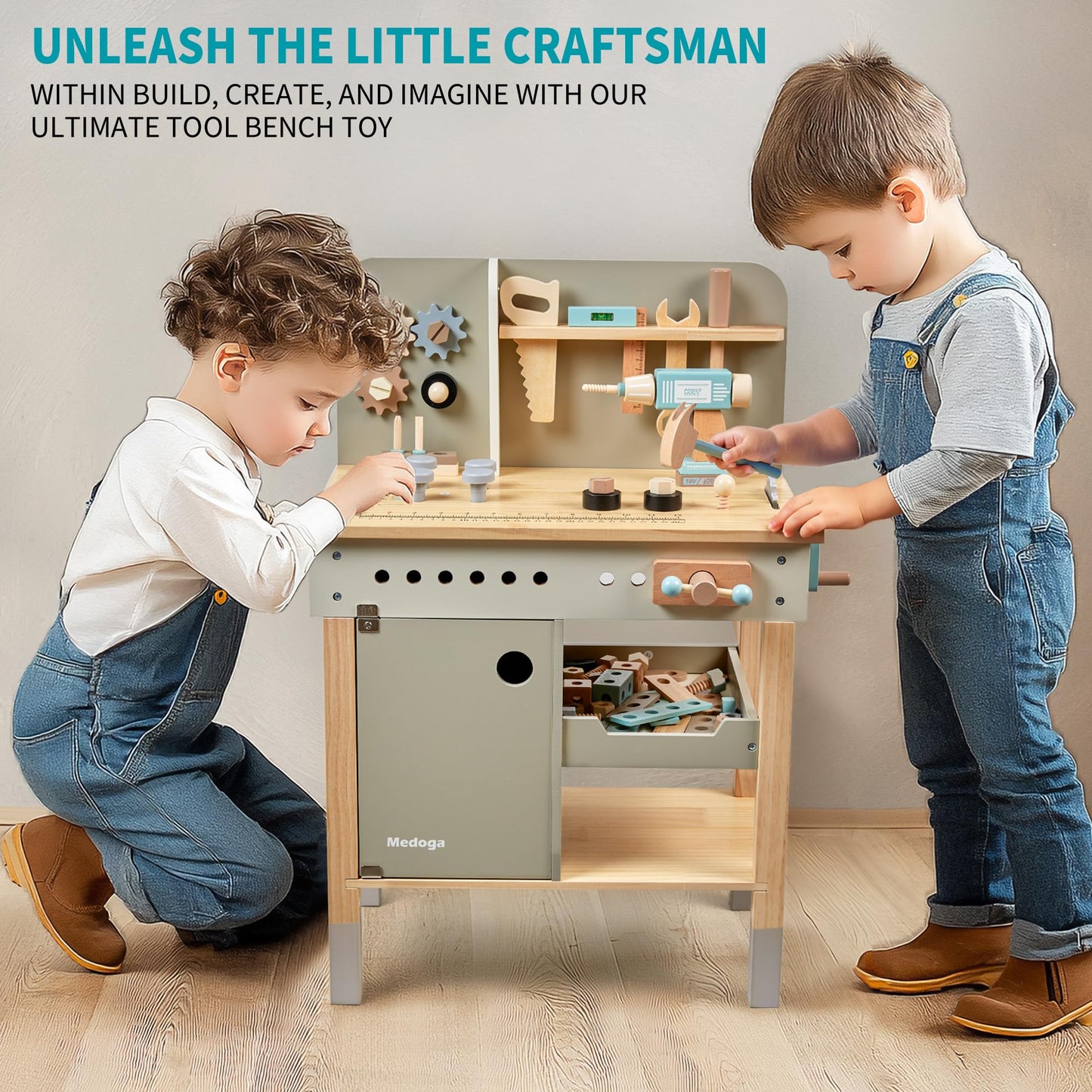 Medoga Kids Tool Bench – Wooden Playset with Belt & Realistic Toy Tools for Ages 3-5