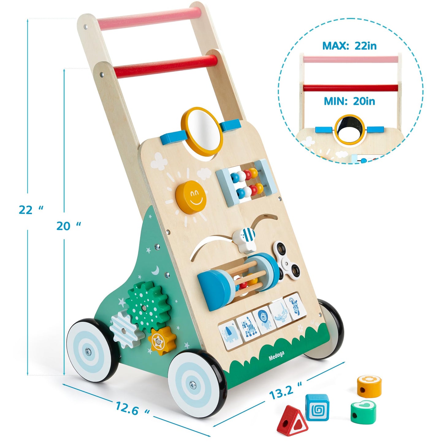 Medoga Wooden Baby Walker 10-in-1 | Adjustable Push Walker Activity Center
