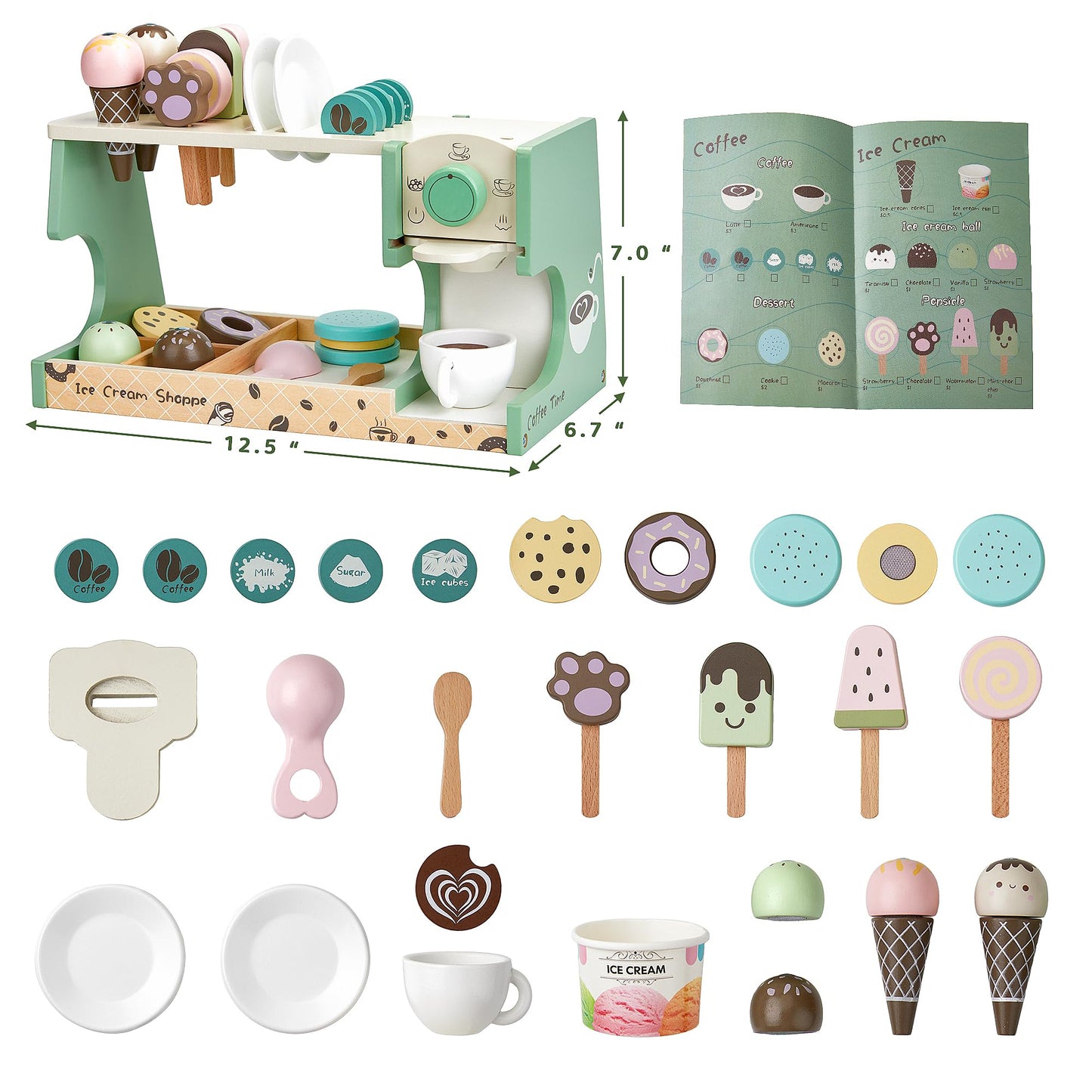 Medoga Wooden Ice Cream Counter 3-in-1 Coffee Maker – 24-Piece Pretend Play Kit