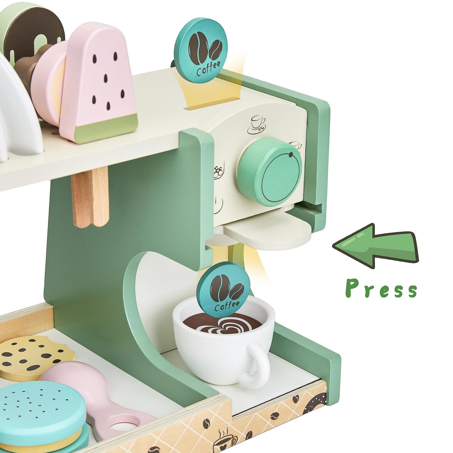 Medoga Wooden Ice Cream Counter 3-in-1 Coffee Maker – 24-Piece Pretend Play Kit