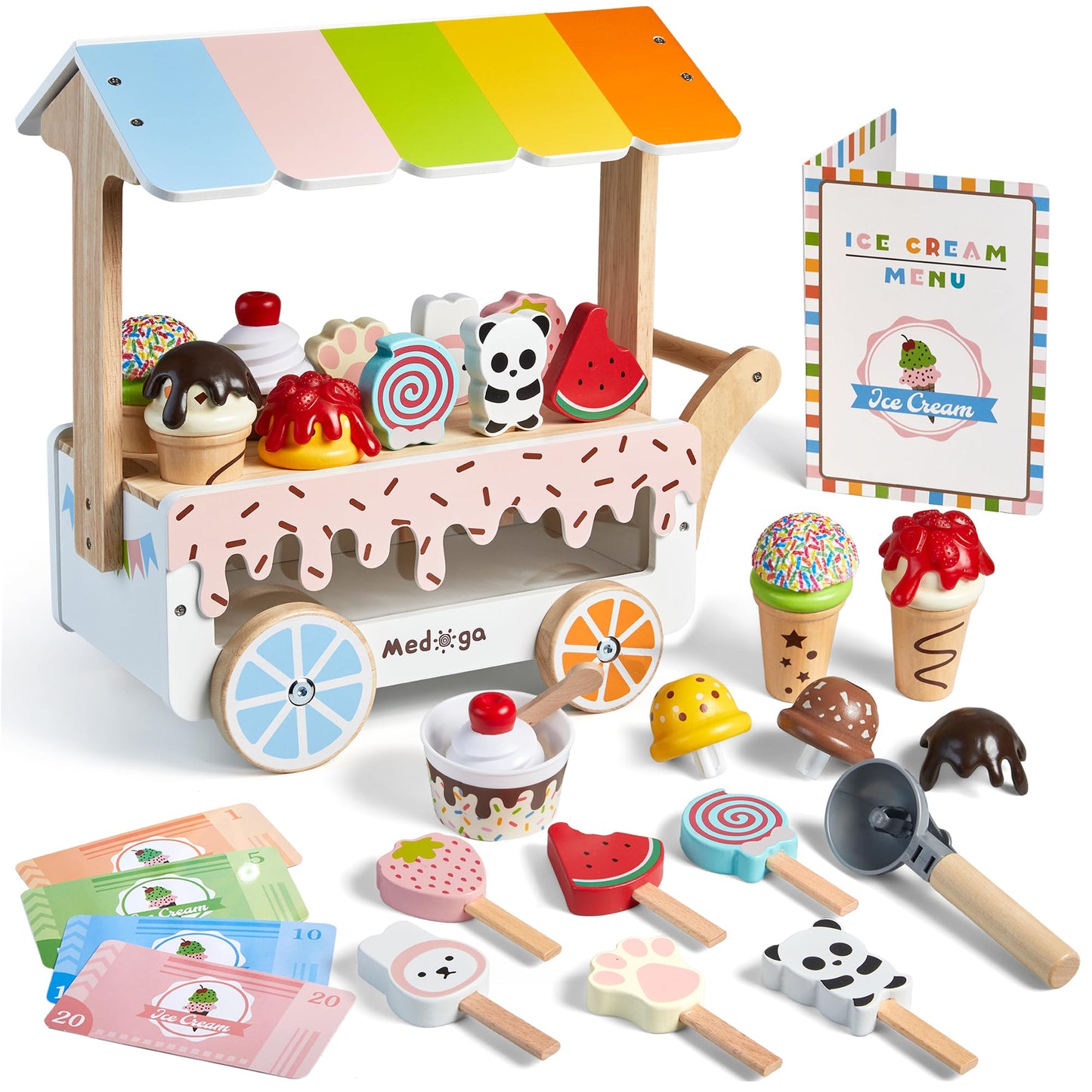 Medoga Wooden Ice Cream Cart Toy Playset – 29-Piece Pretend Shop for 3-8 Year Olds