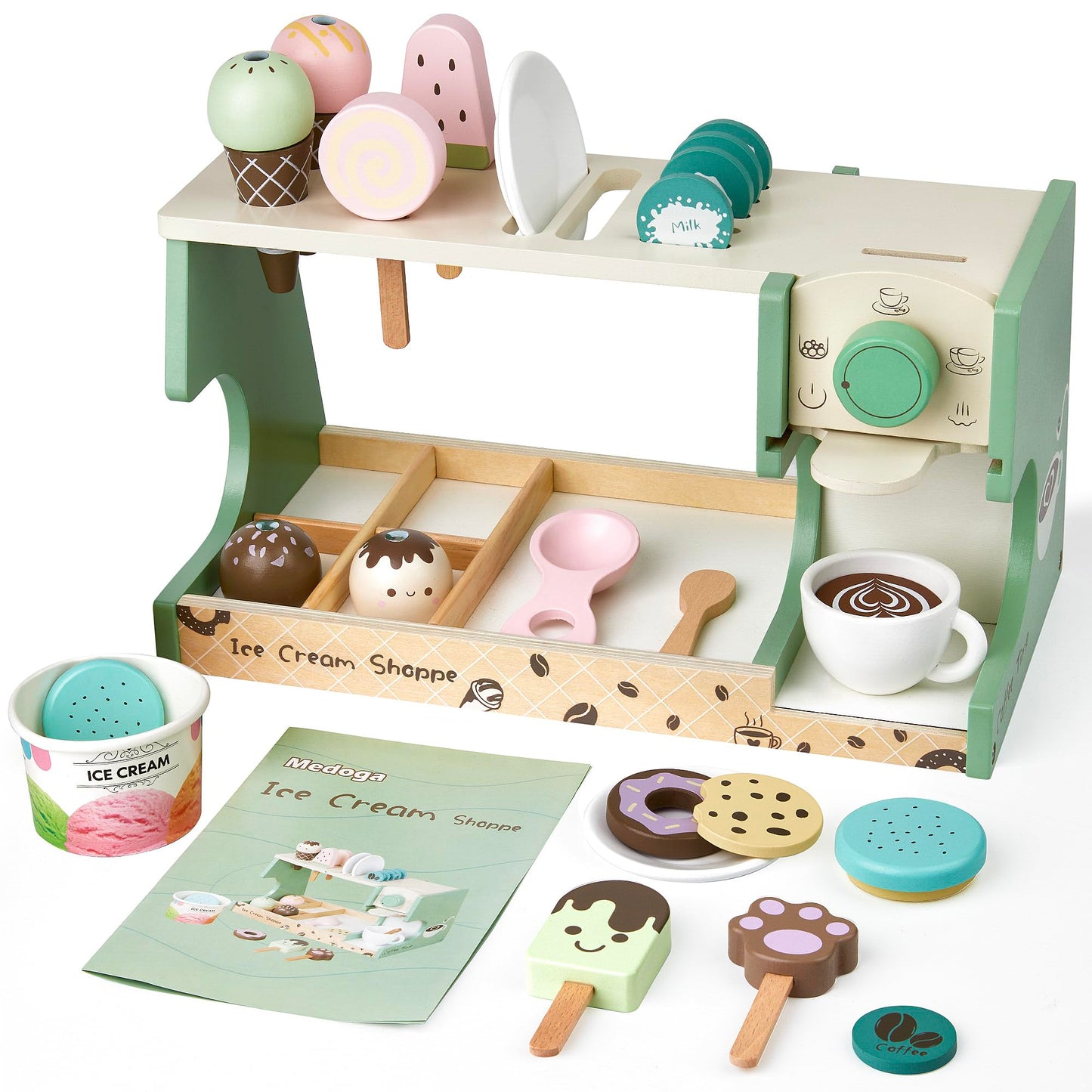 Medoga Wooden Ice Cream Counter 3-in-1 Coffee Maker – 24-Piece Pretend Play Kit