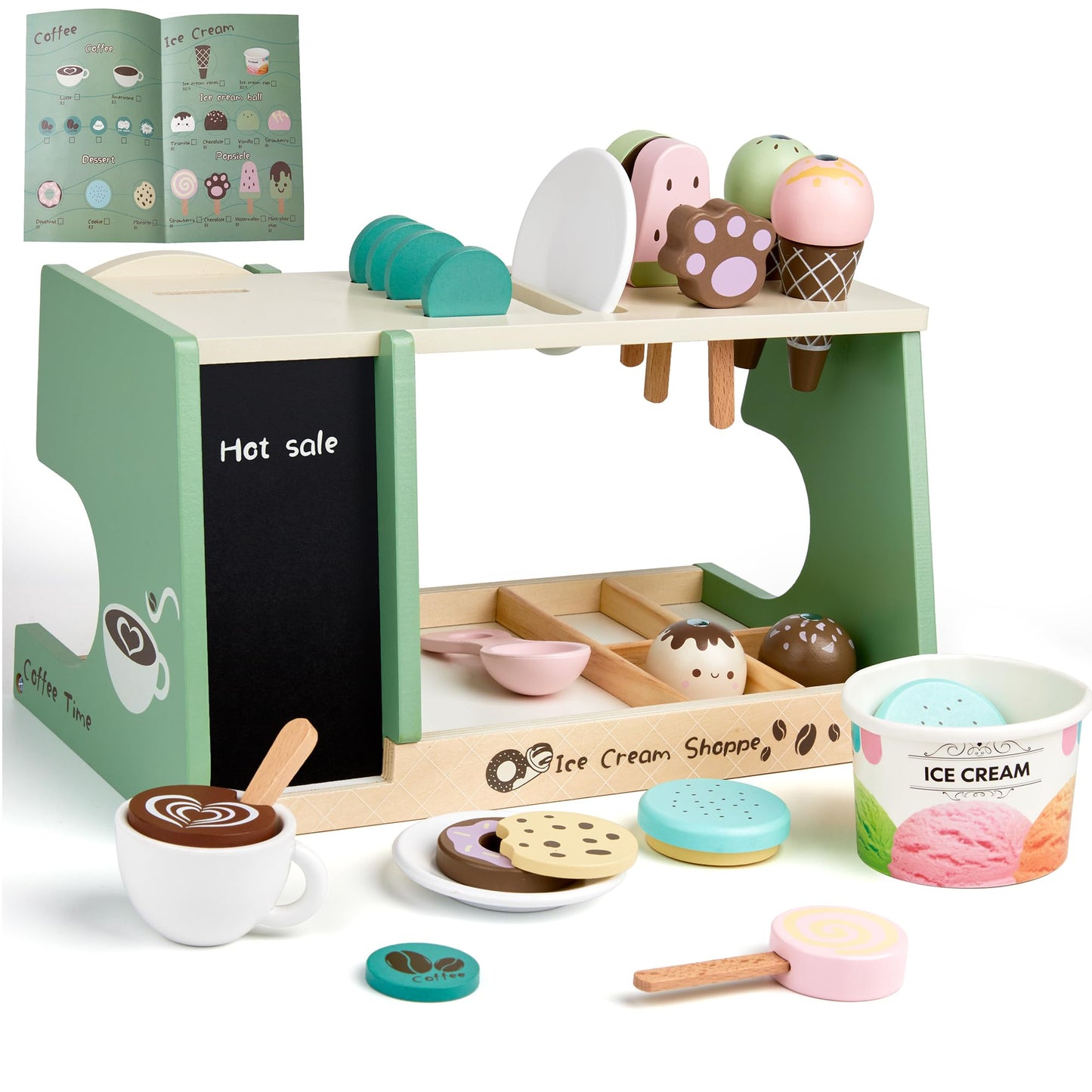 Medoga Wooden Ice Cream Counter 3-in-1 Coffee Maker – 24-Piece Pretend Play Kit
