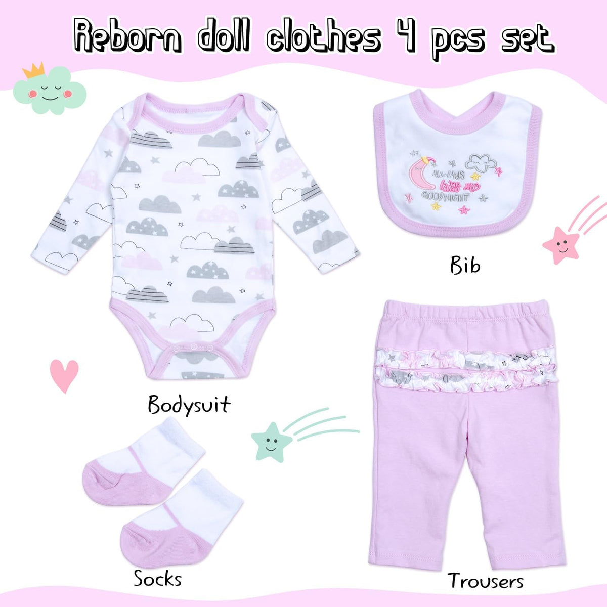 Medylove 4 Pcs Reborn Baby Doll Clothes Set for 17-22 Inch Dolls – Moon & Star Pink Accessories