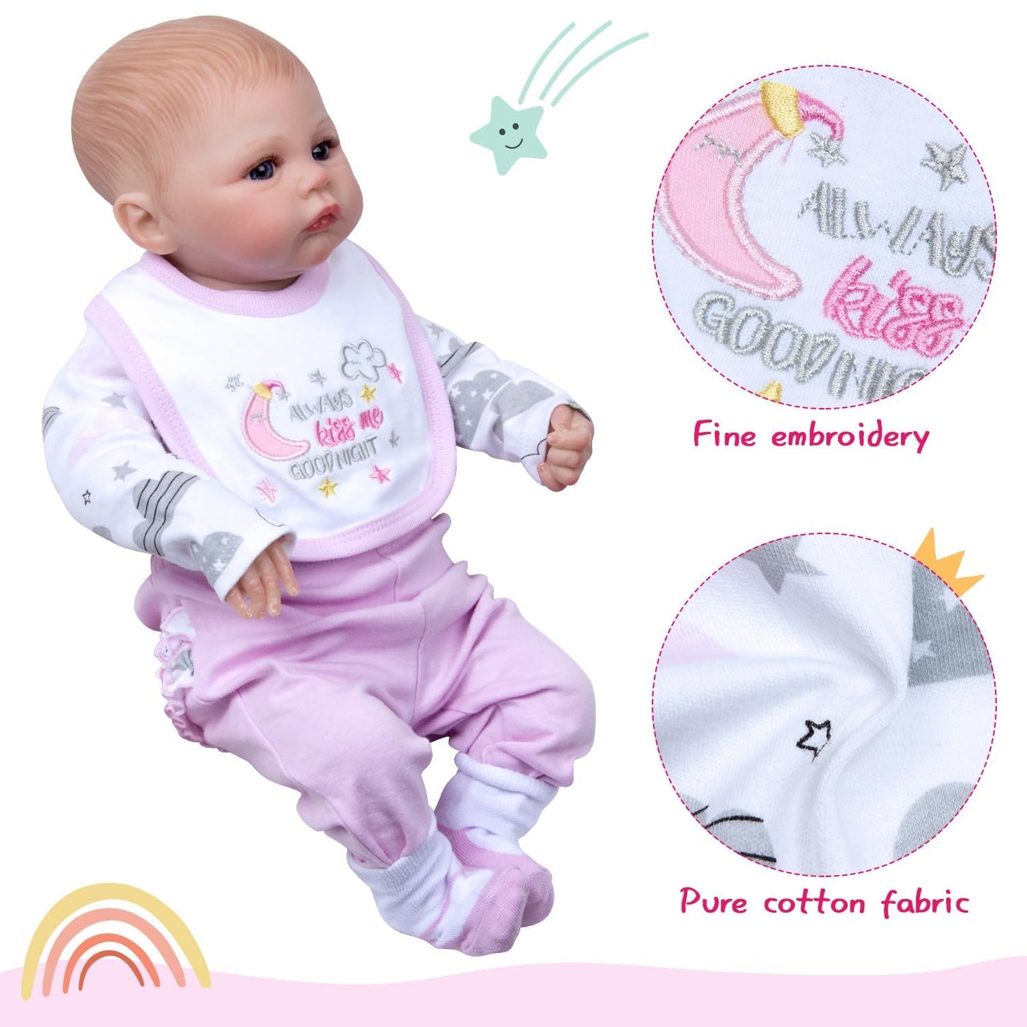 Medylove 4 Pcs Reborn Baby Doll Clothes Set for 17-22 Inch Dolls – Moon & Star Pink Accessories
