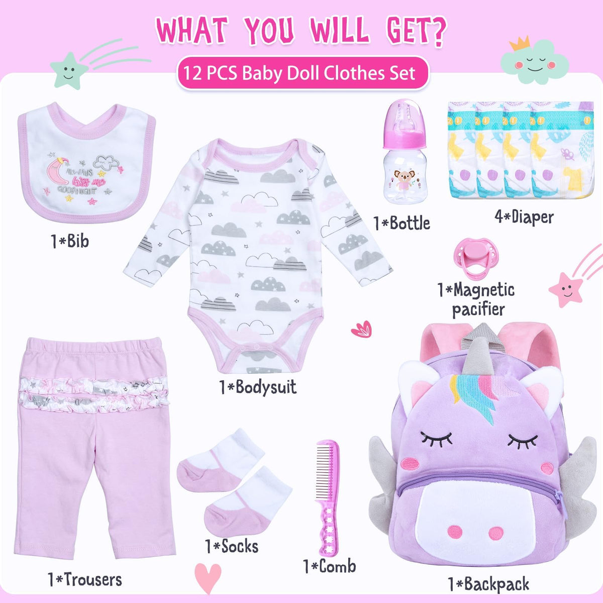 Medylove 12 Pcs Reborn Doll Clothes Set with Backpack for 17-22 Inch Dolls