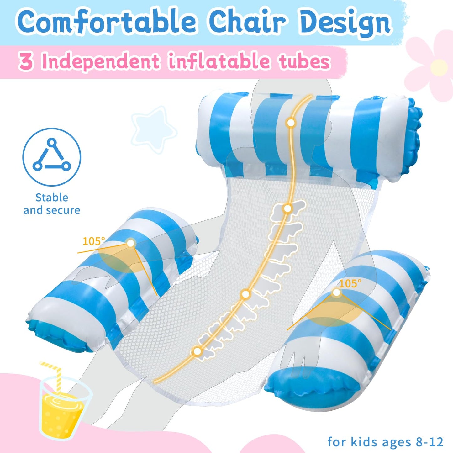 Meegoo Pool Floats for Kids – 2 Pack Pool Lounge Chairs (3 Tubes) Ages 8-12, Blue & Rose