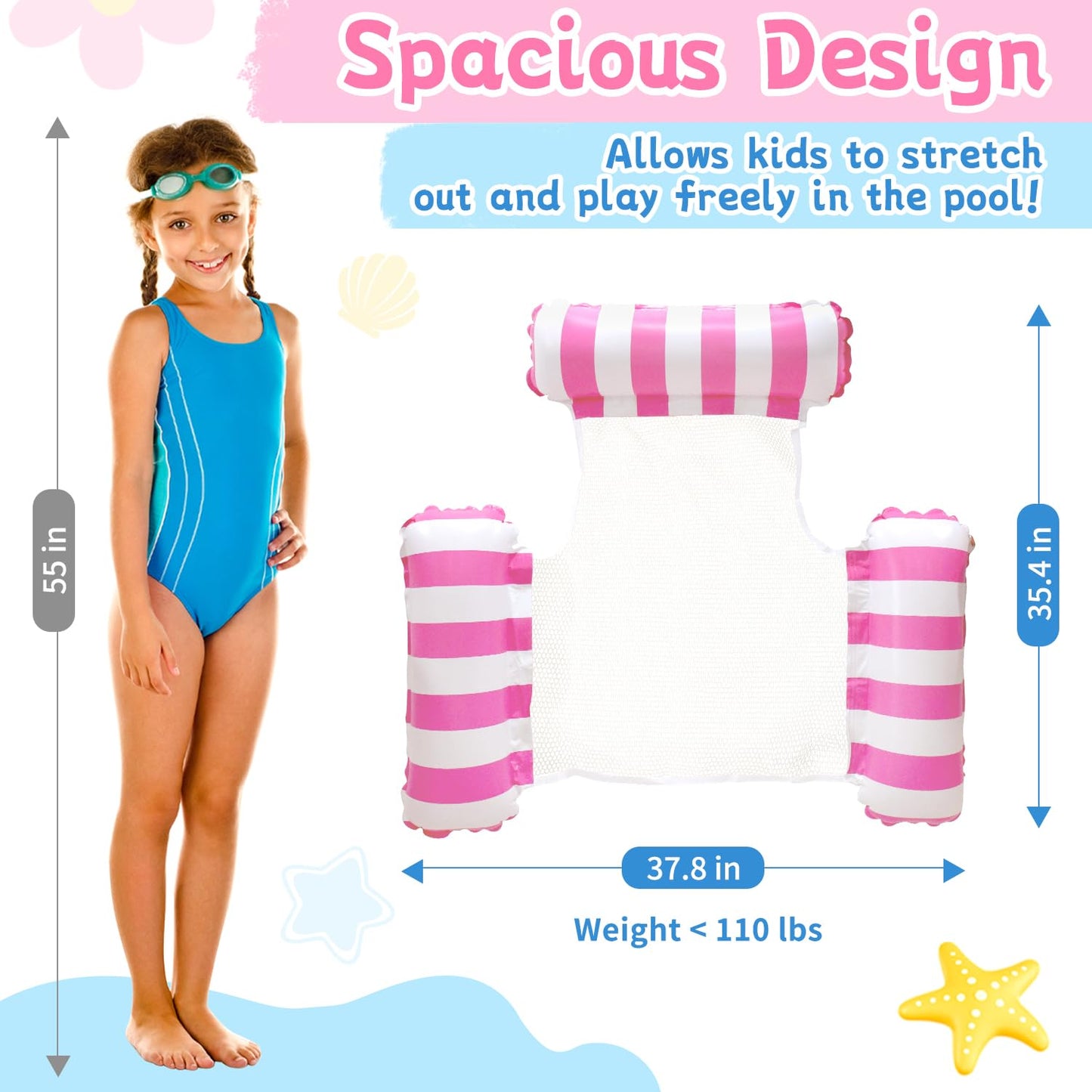 Meegoo Pool Floats for Kids – 2 Pack Pool Lounge Chairs (3 Tubes) Ages 8-12, Blue & Rose