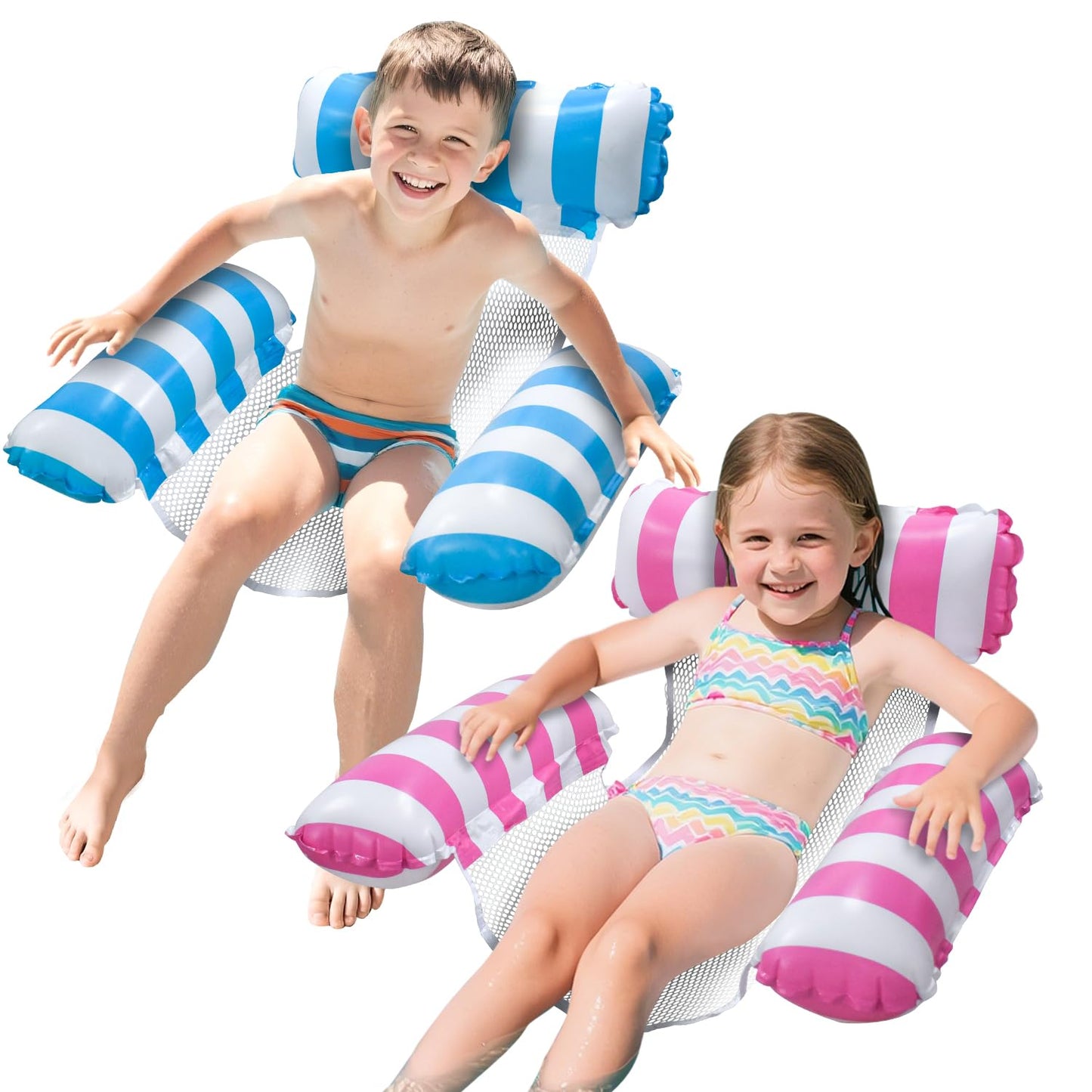 Meegoo Pool Floats for Kids – 2 Pack Pool Lounge Chairs (3 Tubes) Ages 8-12, Blue & Rose