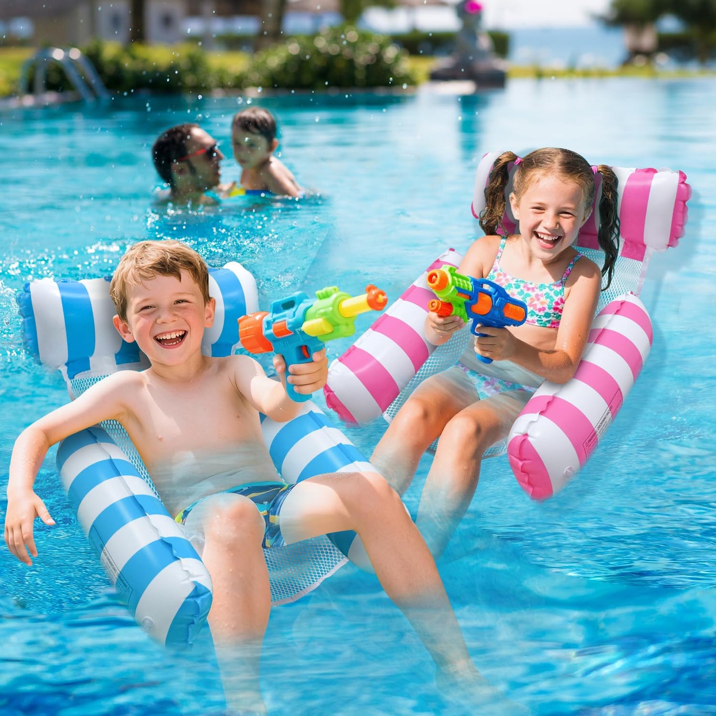 Meegoo Pool Floats for Kids – 2 Pack Pool Lounge Chairs (3 Tubes) Ages 8-12, Blue & Rose