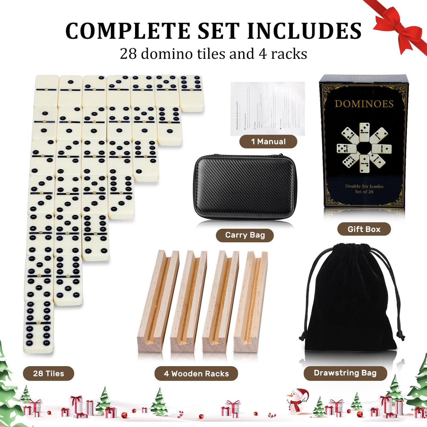 MeetYr Life Dominos Set for Adults — 28 Dominoes, Beech Wood Racks, Travel Case (D6-White)