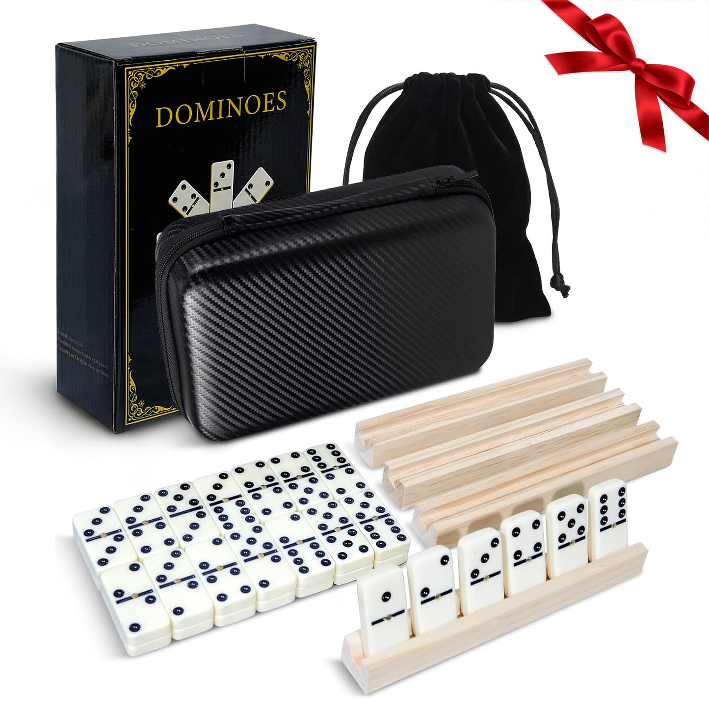 MeetYr Life Dominos Set for Adults — 28 Dominoes, Beech Wood Racks, Travel Case (D6-White)