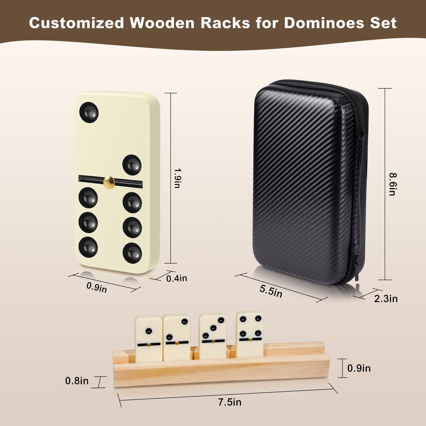 MeetYr Life Dominos Set for Adults — 28 Dominoes, Beech Wood Racks, Travel Case (D6-White)