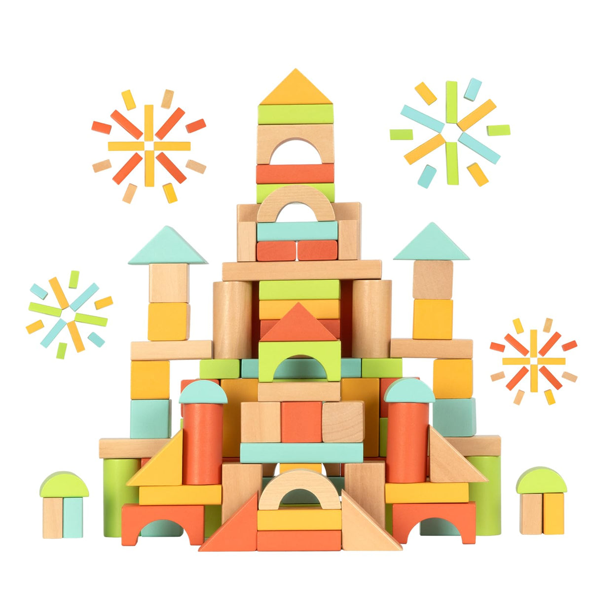 MEEYOO 100pcs Wooden Blocks for Toddlers 1-3 | Safe Montessori Building Blocks with Storage Bucket