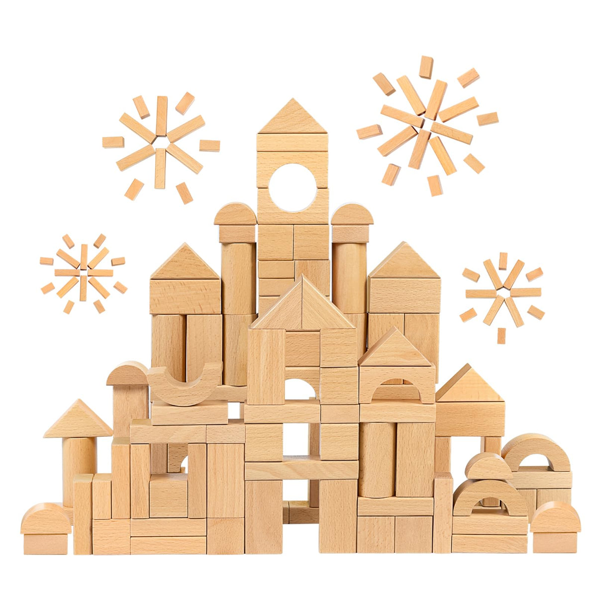 MEEYOO 100pcs Natural Beech Wooden Building Blocks for Toddlers 1-3 | Montessori Toys with Storage Bucket