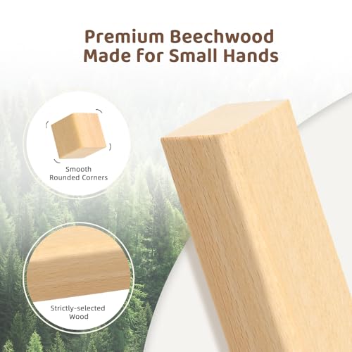 MEEYOO 100pcs Natural Beech Wooden Building Blocks for Toddlers 1-3 | Montessori Toys with Storage Bucket