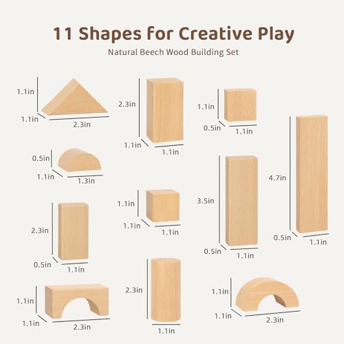 MEEYOO 100pcs Natural Beech Wooden Building Blocks for Toddlers 1-3 | Montessori Toys with Storage Bucket