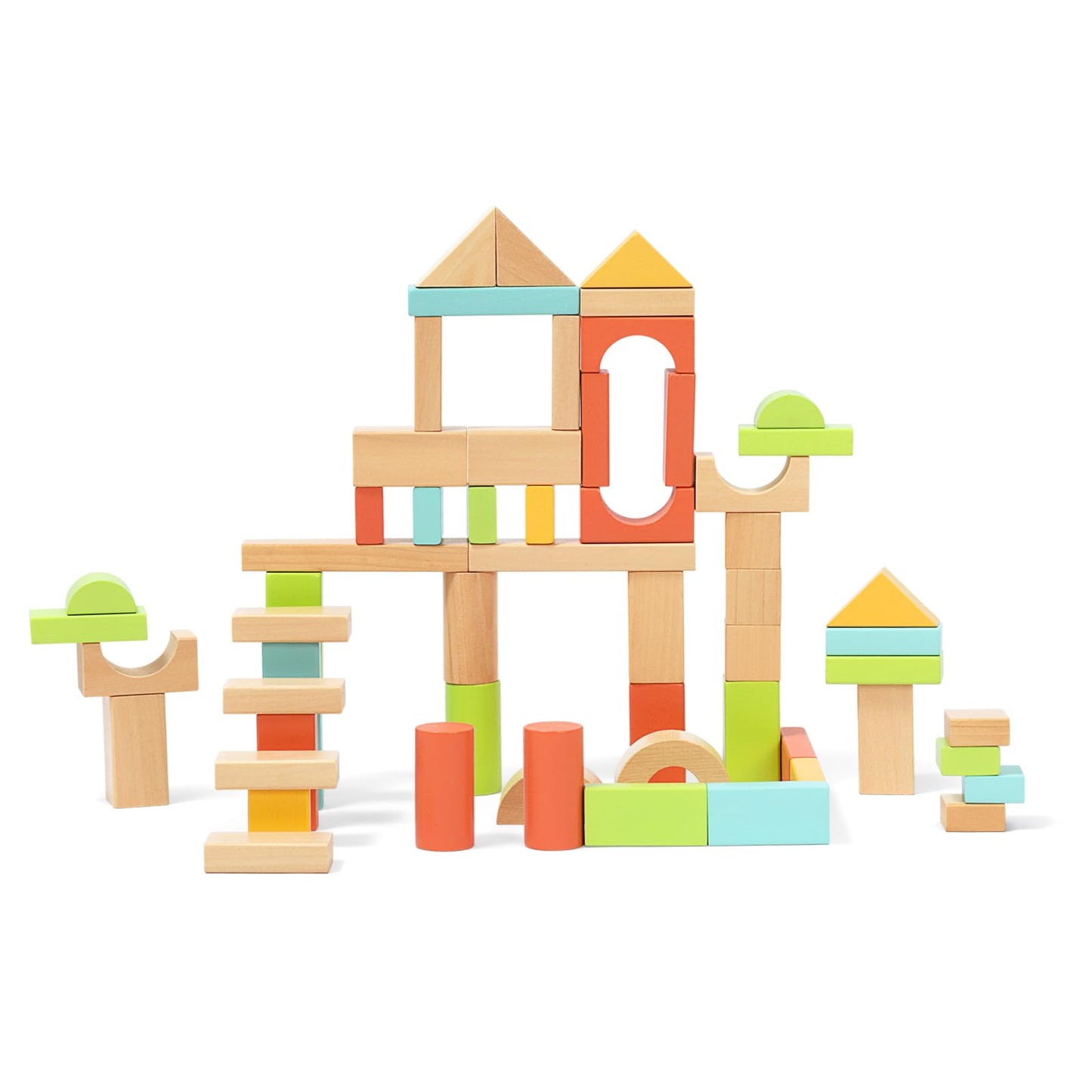 MEEYOO 100pcs Wooden Blocks for Toddlers 1-3 | Safe Montessori Building Blocks with Storage Bucket