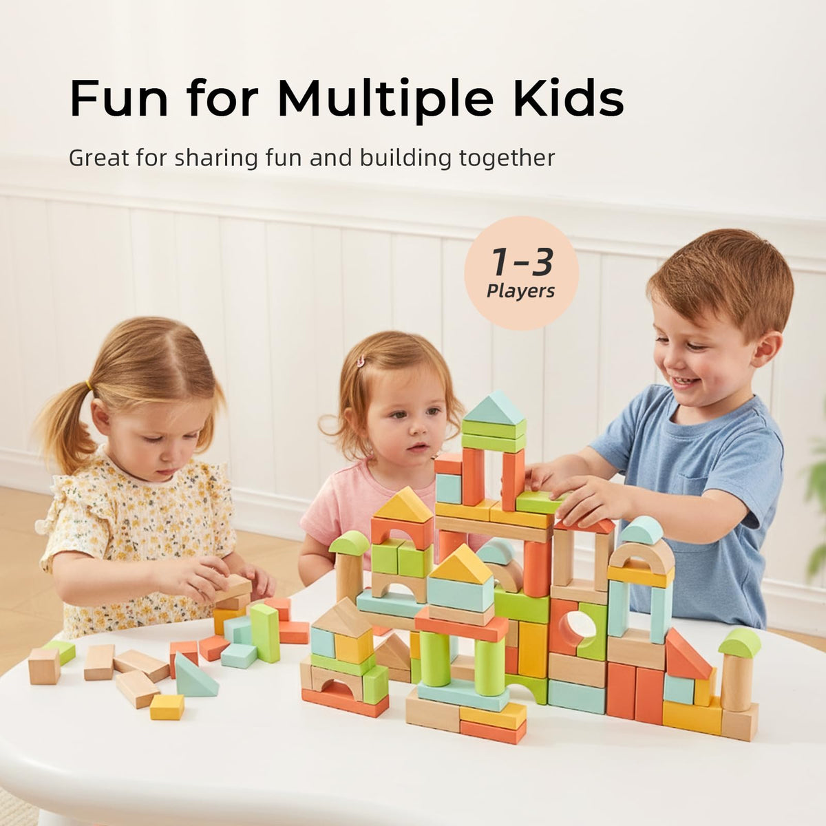 MEEYOO 100pcs Wooden Blocks for Toddlers 1-3 | Safe Montessori Building Blocks with Storage Bucket