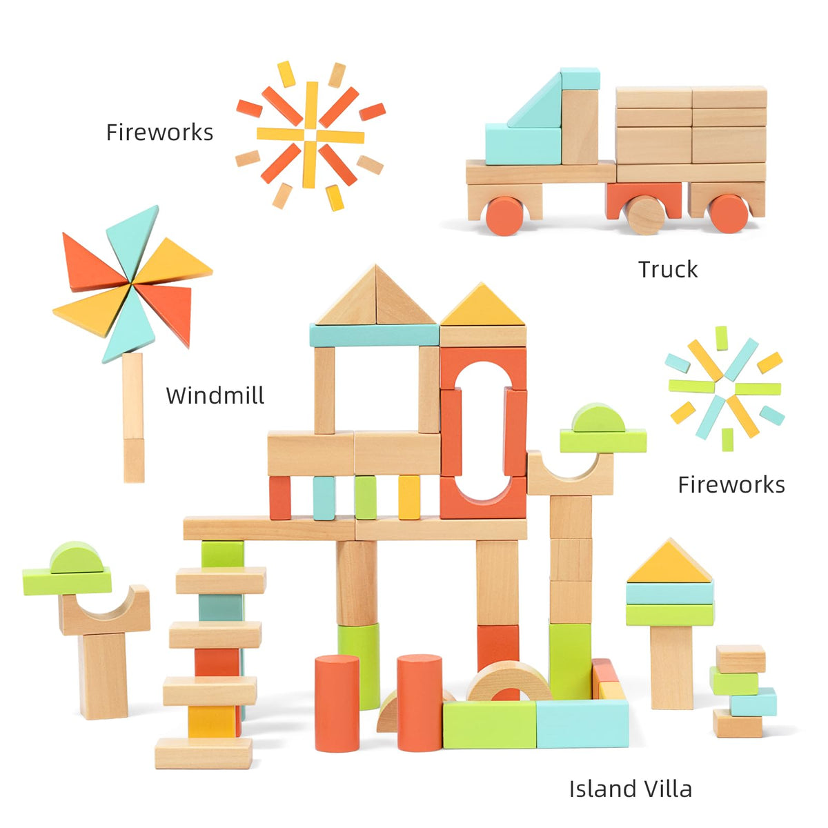 MEEYOO 100pcs Wooden Blocks for Toddlers 1-3 | Safe Montessori Building Blocks with Storage Bucket