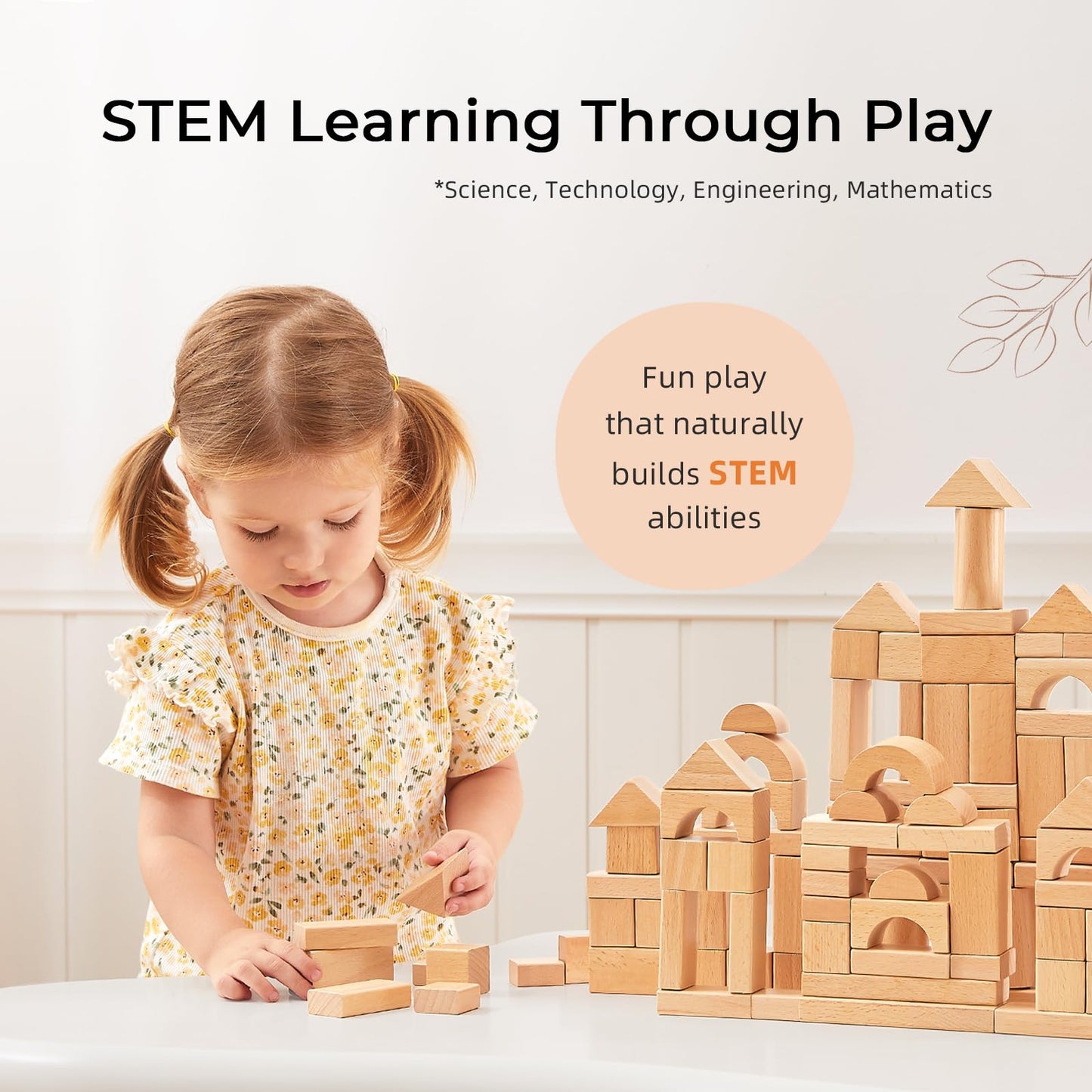 MEEYOO 100pcs Natural Beech Wooden Building Blocks for Toddlers 1-3 | Montessori Toys with Storage Bucket