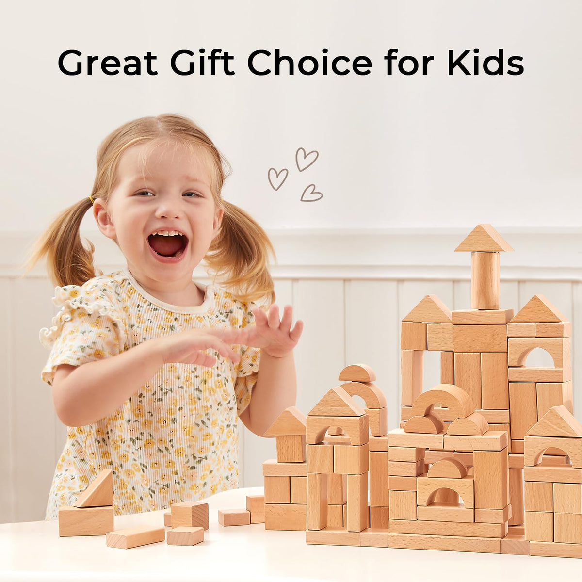 MEEYOO 100pcs Natural Beech Wooden Building Blocks for Toddlers 1-3 | Montessori Toys with Storage Bucket