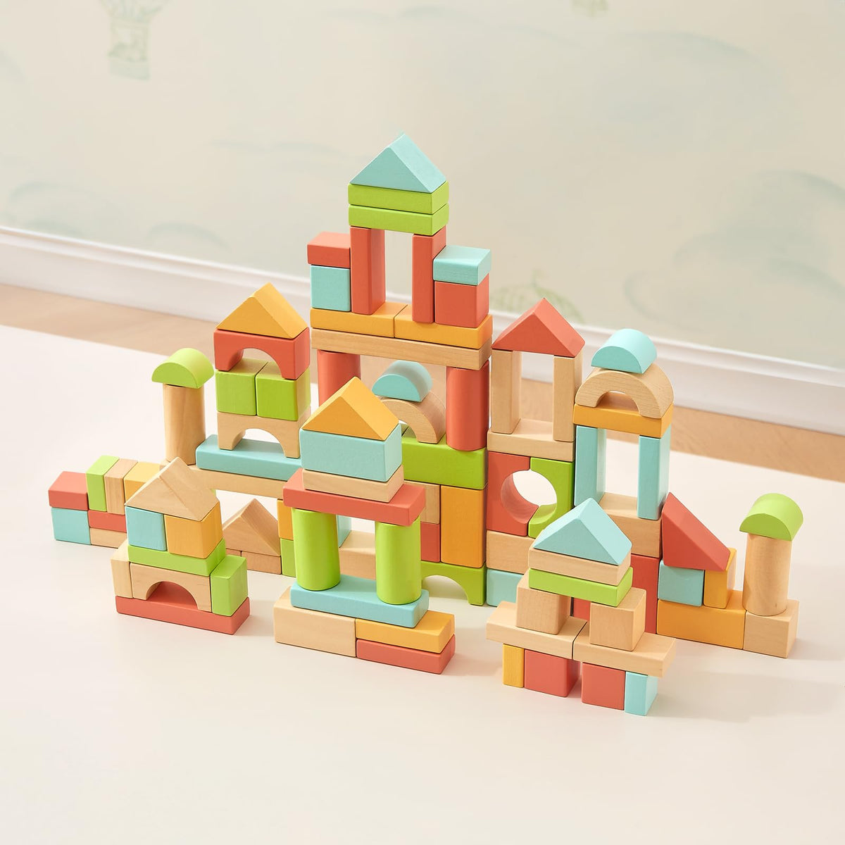 MEEYOO 100pcs Wooden Blocks for Toddlers 1-3 | Safe Montessori Building Blocks with Storage Bucket