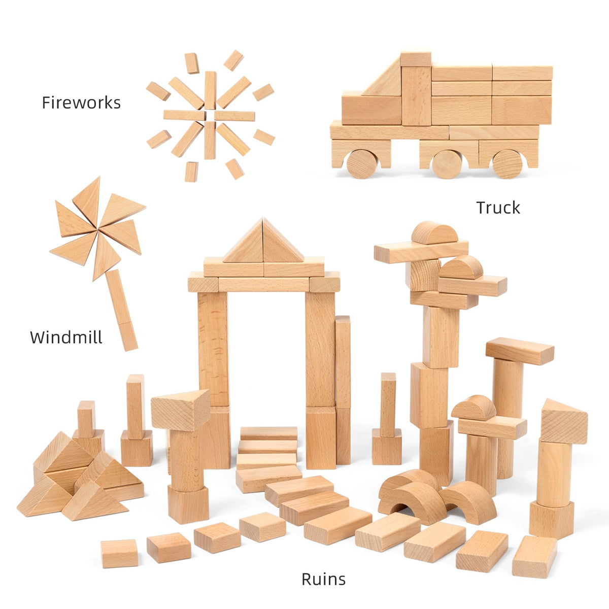 MEEYOO 100pcs Natural Beech Wooden Building Blocks for Toddlers 1-3 | Montessori Toys with Storage Bucket