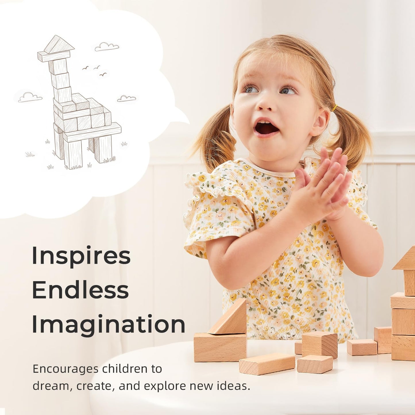 MEEYOO 100pcs Natural Beech Wooden Building Blocks for Toddlers 1-3 | Montessori Toys with Storage Bucket