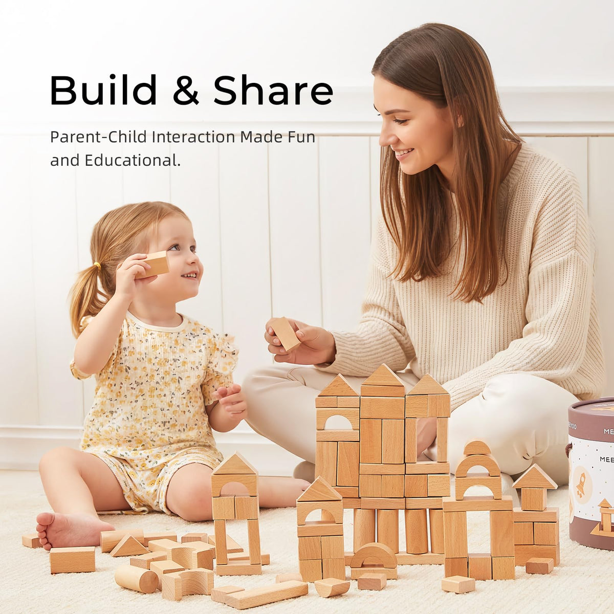MEEYOO 100pcs Natural Beech Wooden Building Blocks for Toddlers 1-3 | Montessori Toys with Storage Bucket