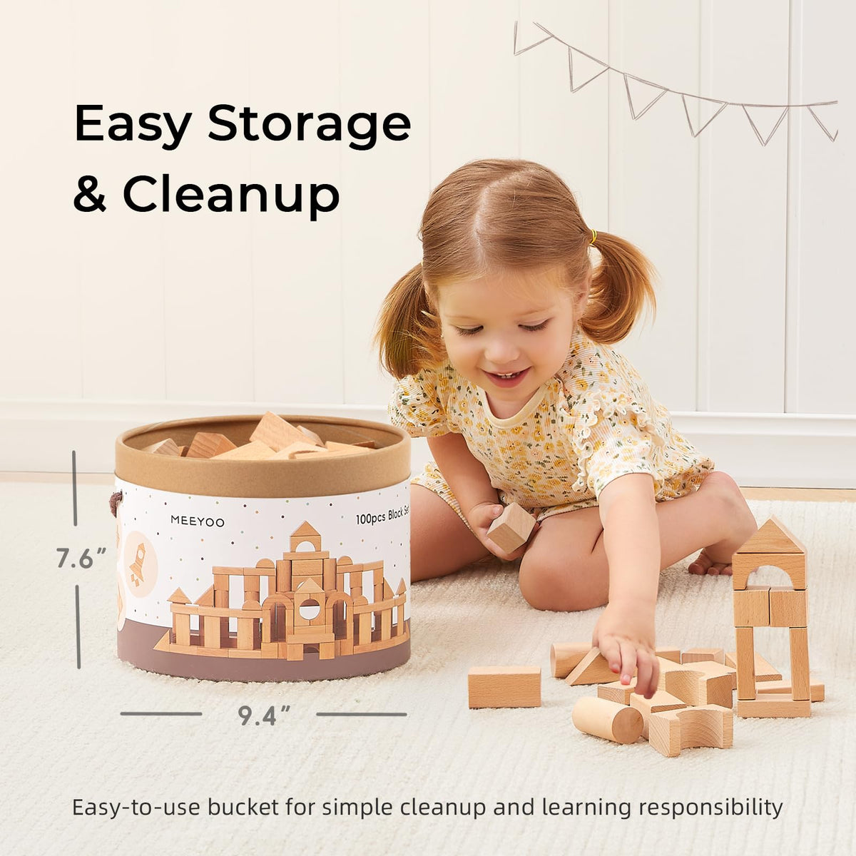 MEEYOO 100pcs Natural Beech Wooden Building Blocks for Toddlers 1-3 | Montessori Toys with Storage Bucket