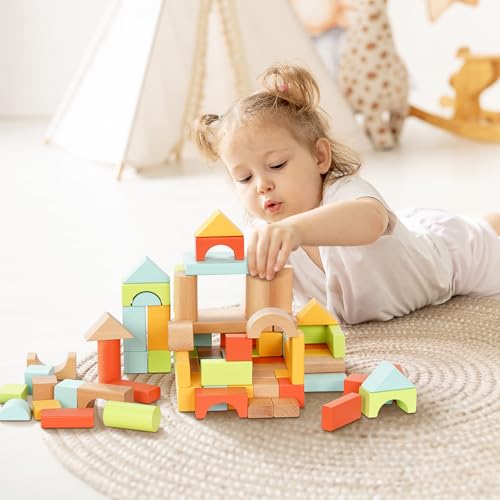 MEEYOO 100pcs Wooden Blocks for Toddlers 1-3 | Safe Montessori Building Blocks with Storage Bucket