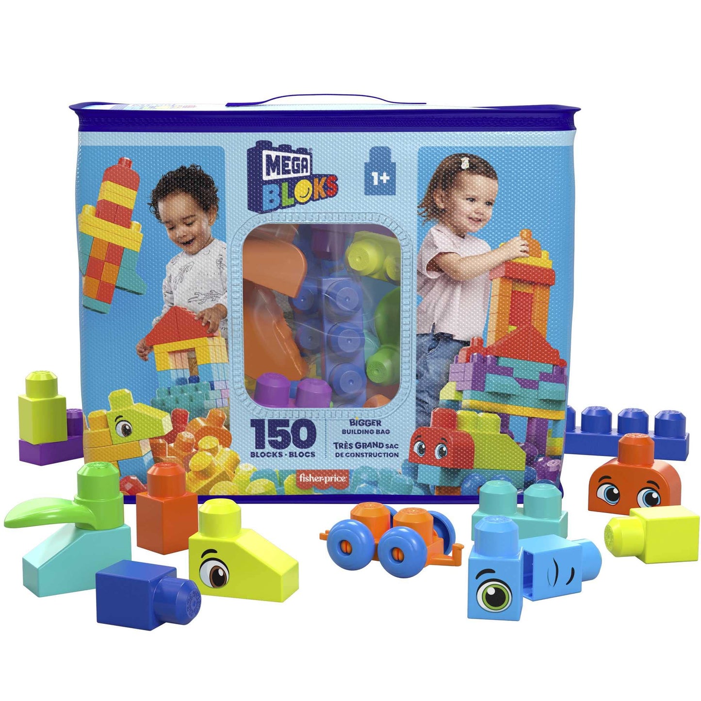 MEGA BLOKS First Builders Toddler Blocks Toys Set – 150-Piece Big Building Bag for Open-Ended Play (Blue) | Ages 1+