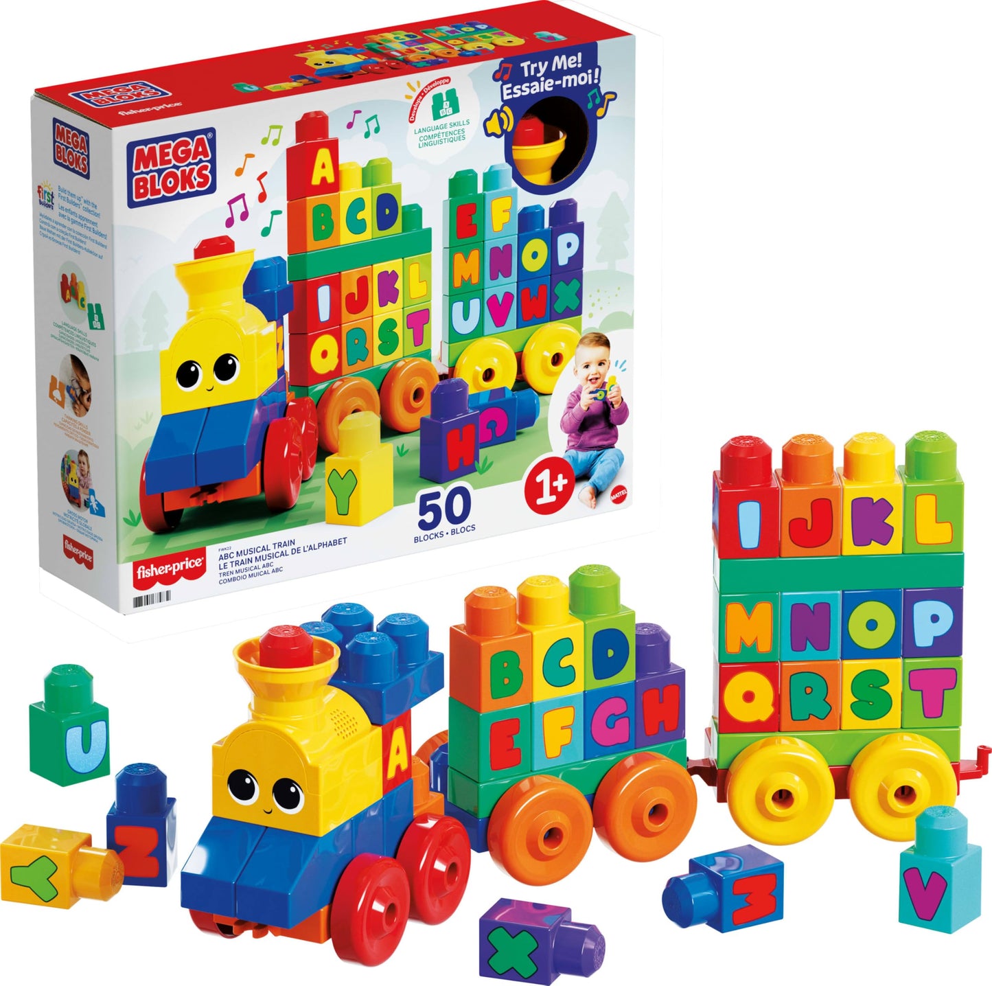 Mega Bloks First Builders ABC Musical Train – 50-Piece Toddler Block Set