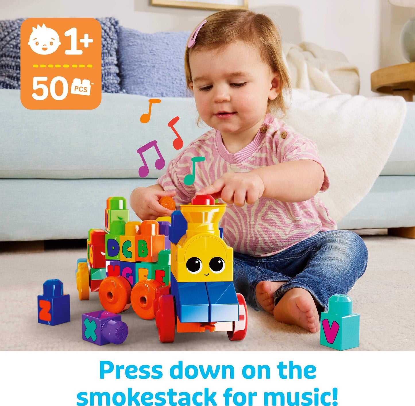 Mega Bloks First Builders ABC Musical Train – 50-Piece Toddler Block Set